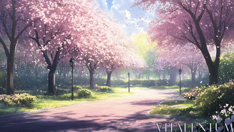 Cherry blossom trees line curved park path in soft light