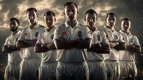 England cricket team lineup in white uniforms posing united.