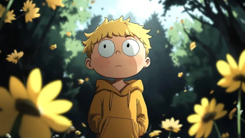Wide-eyed blond child wanders sunflower path under soft forest light