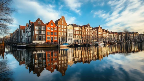 Colorful canal houses reflected in calm waterfront view.