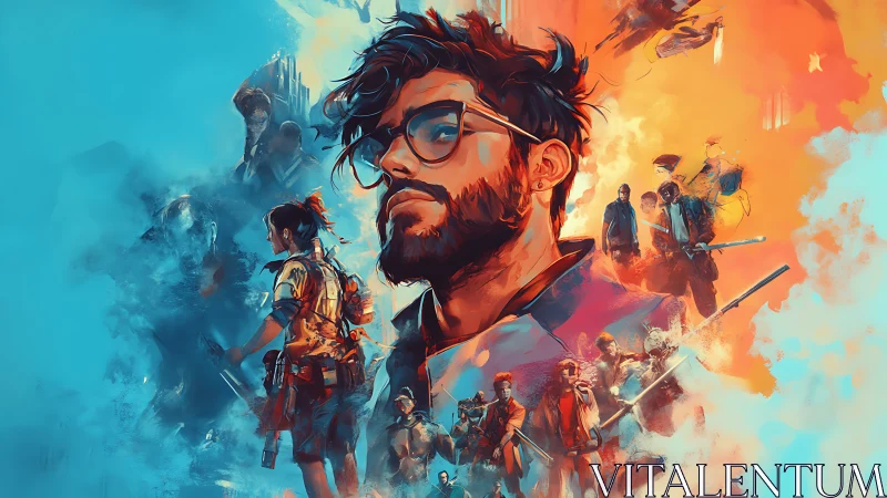 Heroic strategist framed by dual-color battle chaos