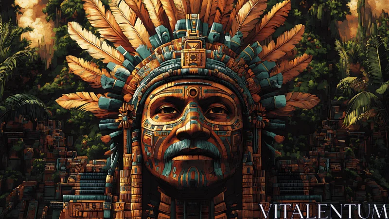 Digital painting of monumental jungle tribal mask structure.