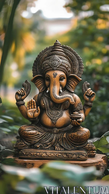 Intricate Ganesha statue seated outdoors in soft greenery.