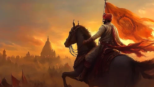 Mounted warrior surveying fortified city under incendiary sky.