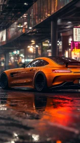 Midnight orange sports car gliding through neon rain.
