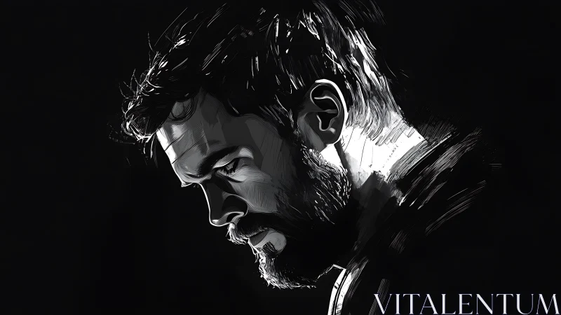 Moody monochrome profile portrait of pensive bearded man.