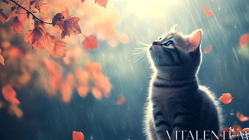 Cat gazes upward as autumn leaves cascade through rain.
