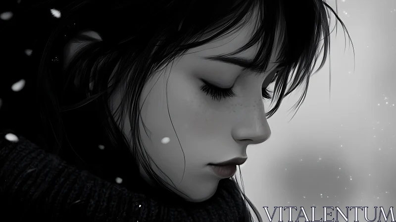 Quiet winter portrait of a thoughtful girl in soft snowfall.