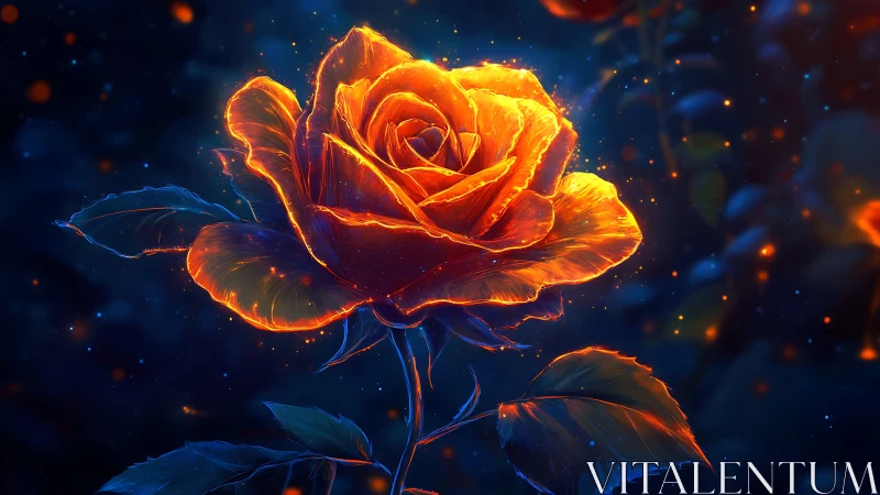 Luminous fiery rose in nocturnal digital painting bloom.
