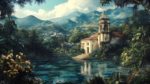 Colonial Chapel Reflected. Tropical Mountains Frame Sacred Architecture.