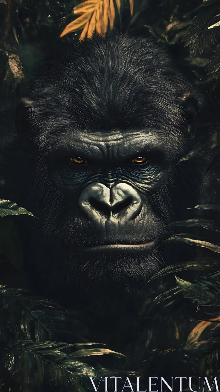 Gorilla eyes pierce the jungle shadows in moody close-up.