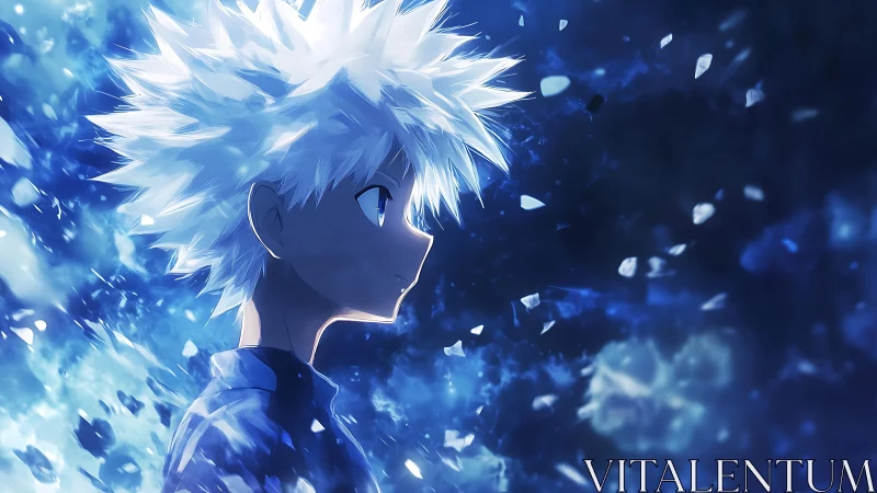 White haired anime boy in blue glowing ice field.