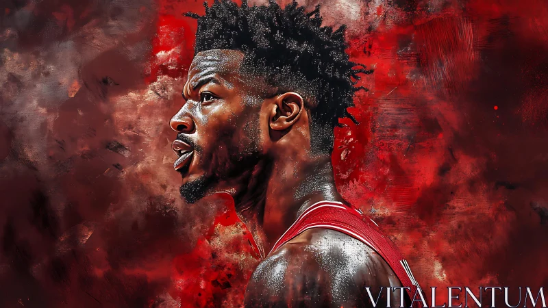 Basketball portrait ignites bold red abstract energy.