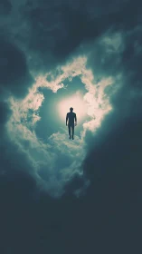 Silhouetted human figure suspended in circular cloud opening.