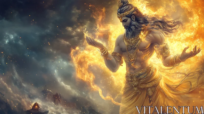 Radiant fire deity drifting between storm and starlight.