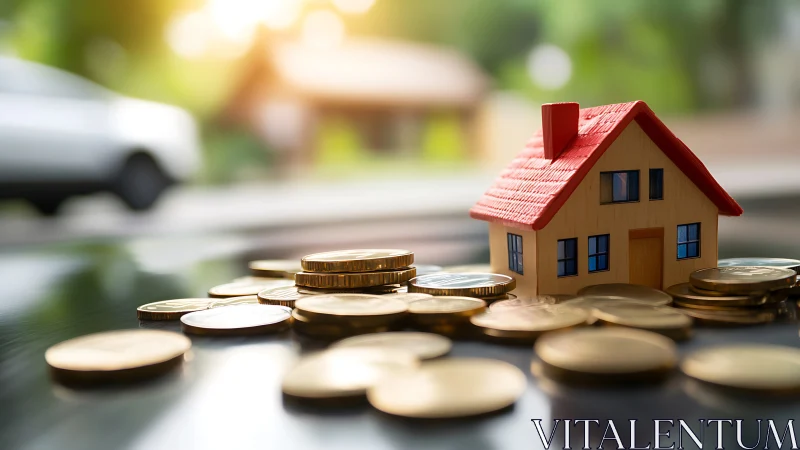 Tiny red-roofed house guards a golden coin horizon.