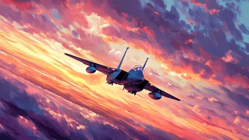 Jet aircraft is depicted in frontal ascent within sunset sky