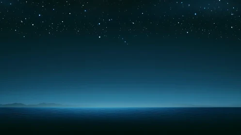 Nocturnal seascape with gradient sky, distant silhouettes and stars