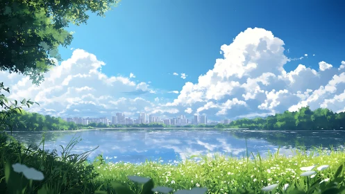 Urban skyline beyond reflective lake under cumulus clouds.