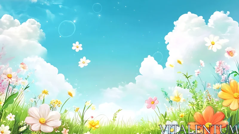 Floral meadow composition with clouds.