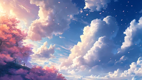 Sunlit sakura hill under towering spring cloudscape sky