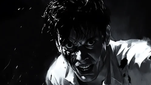 Monochrome portrait of intense male face in dark setting.