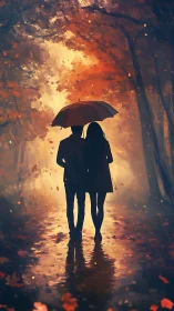 Two silhouetted figures holding umbrella in fiery autumn forest