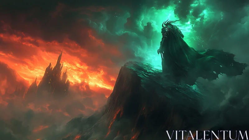 Dark warlord overlooks burning citadel under split skies