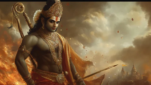 Warrior deity stands amid burning battlefield sky