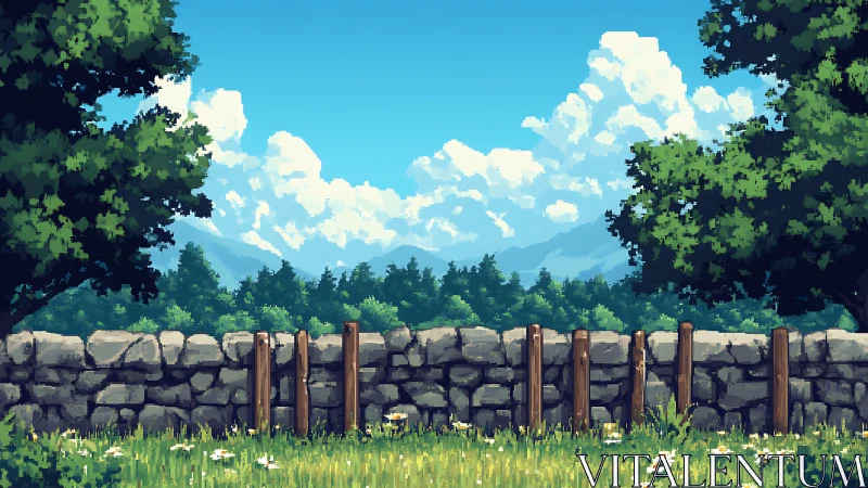 Pixel countryside wall beneath drifting summer clouds.