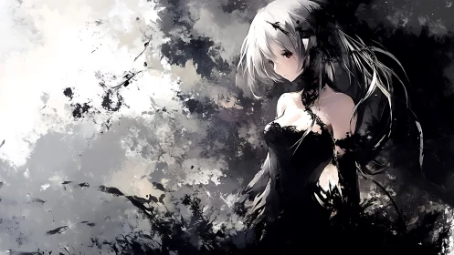 Solitary silver-haired girl amid chaotic ink and shadow.