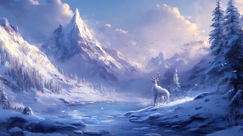 Luminescent stag overlooking glacial valley under alpine sunrise