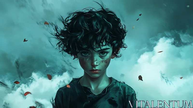 Stormlit portrait of freckled child framed by teal cloudscape