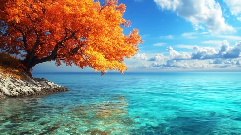 Flaming autumn tree crowns a crystal turquoise seascape horizon.