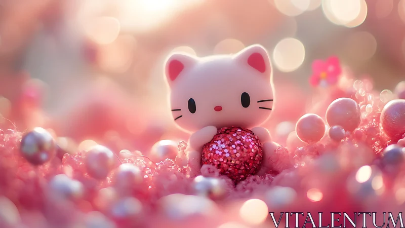 Kawaii cat figurine cradles sequined sphere in pink bokeh