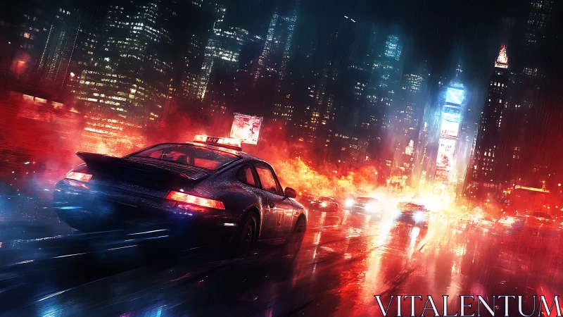 Rain-soaked city street with sports car and light trails.