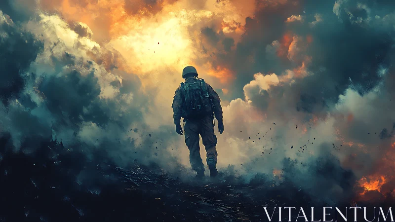 Solitary soldier advances through dense explosive smoke field