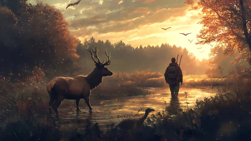 Hunter and stag share silent river at burning sunrise