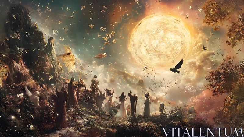 Celestial assembly beneath radiant sun sphere in mystic sky.