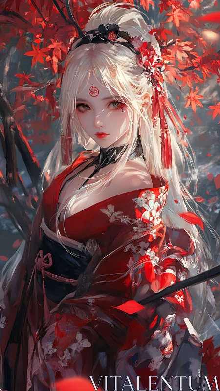 Blonde kimono figure amid red maple leaves in profile view.