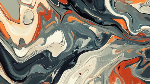 Fluid abstract marbling in teal, ivory and vermilion swirls