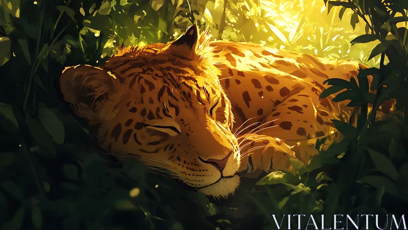 Spotted Leopard Resting in Dappled Sunlight Through Foliage.