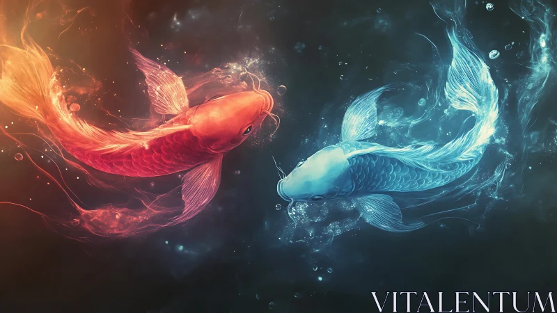 Dual elemental koi in luminous cosmic water dance.