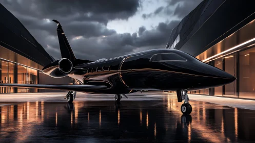 Sleek black private jet waits on wet runway at dusk