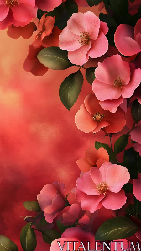 Blooming Pink Flowers Against Warm Gradient Red.