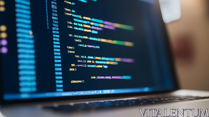 Color-coded source code on laptop screen in shallow focus.