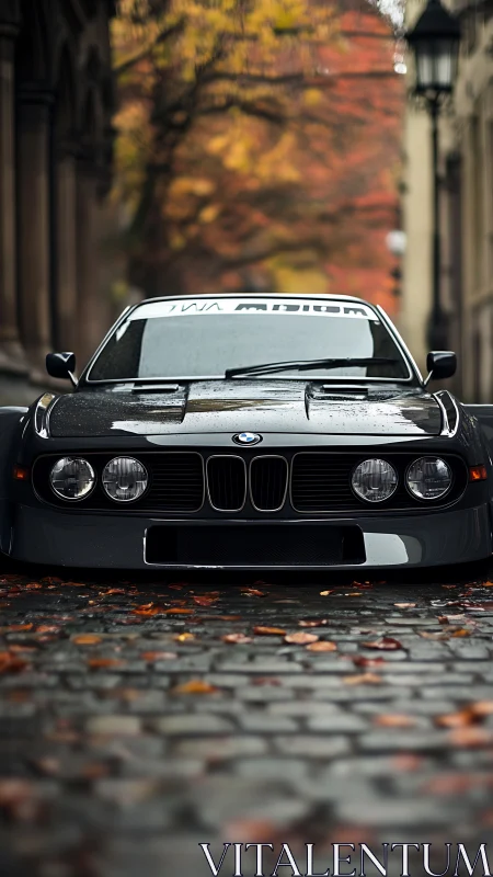 Front view of classic BMW coupe on wet cobblestone street.