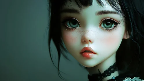 Melancholic green eyed girl portrait in soft digital art.