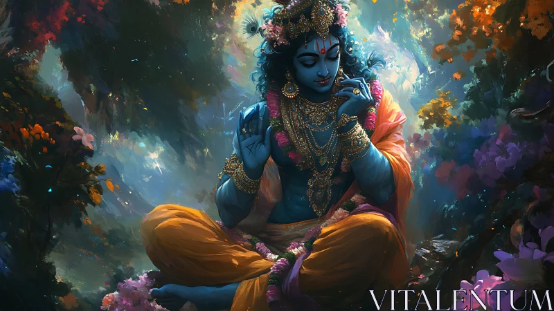 Blue-skinned figure seated in ornate forest setting.