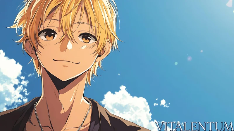 Blond anime boy smiles under bright blue summer sky.